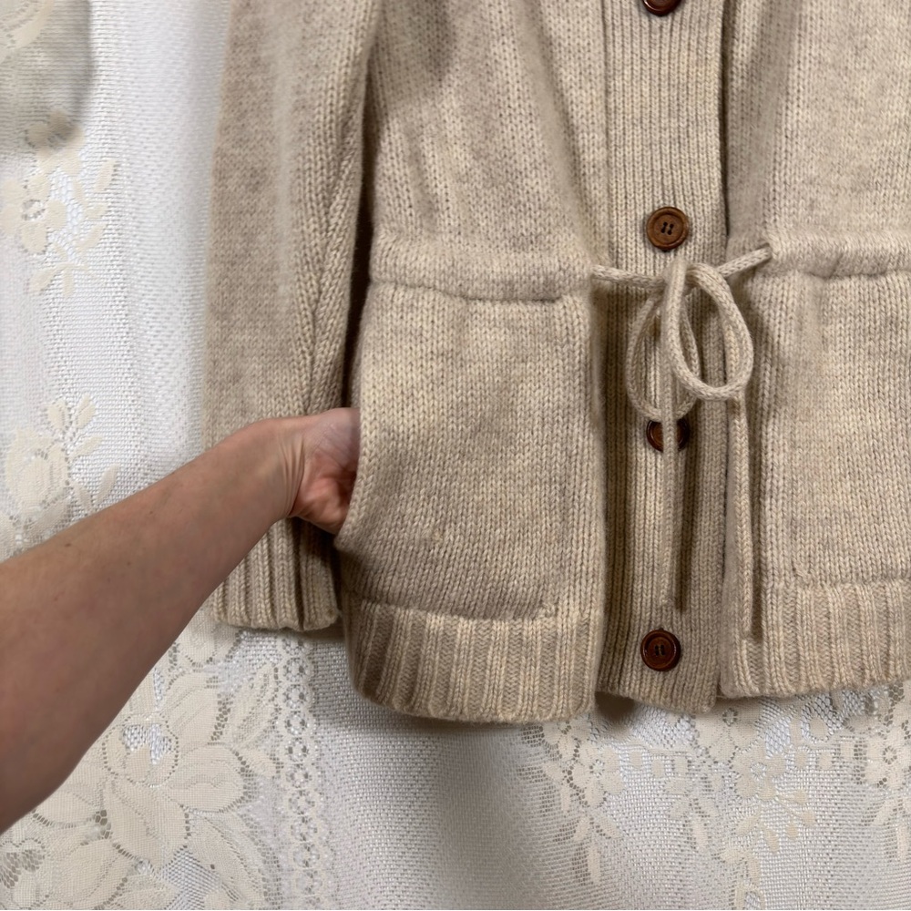 Vintage 60s 70s Wool Cardigan Sweater Cream Beige Belted Hippie Boho Size Xs - Picture 3 of 8